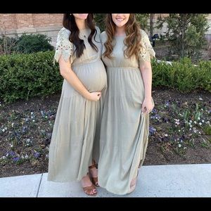 Sage Dress with lace sleeve detail.